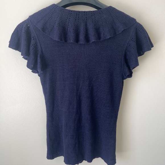 Navy Blue Knit Top with Pointelle Ruffles - Picture 5 of 9